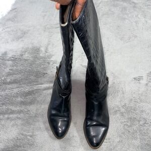 Via Appia Tall Boots Women 7.5 Black Croc Embossed Leather Italian Buckle Strap